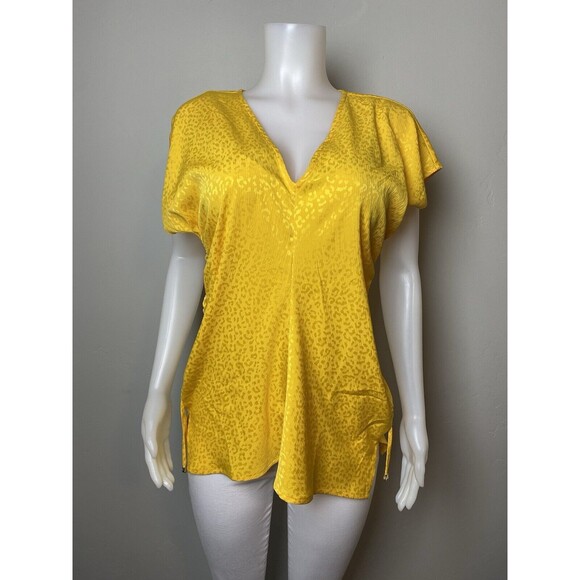 F. Michael Kors Top XL Ruched Yellow Blouse Cap Sleeve V Neck NWT $98 - Picture 5 of 11